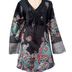Black Satin and beaded Naina brand Pakistani Bell Sleeve Mini Dress